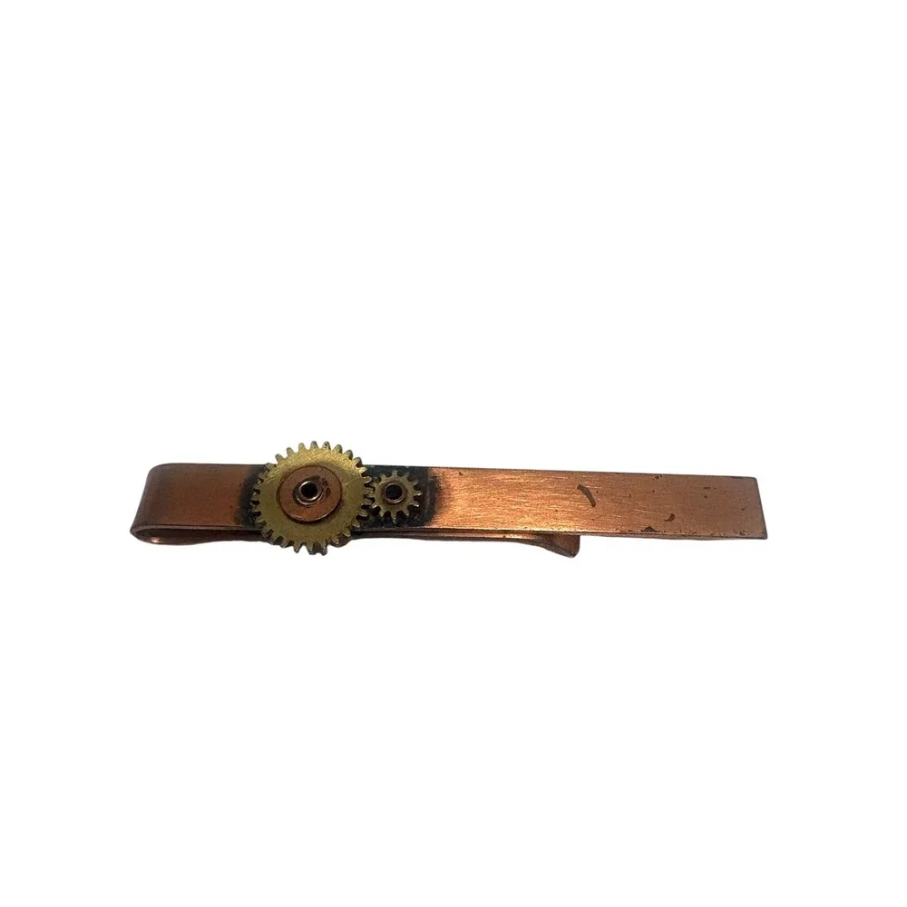 FRANK REBAJES Copper Brass Gears Modernist Cufflinks Tie Clip Set, 1950s